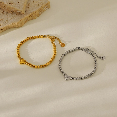 Pulsera de Cadena de Bolas con Colgante de Corazón de Acero Inoxidable de Moda para Mujer Joyería Chapada Simple y Versátil
