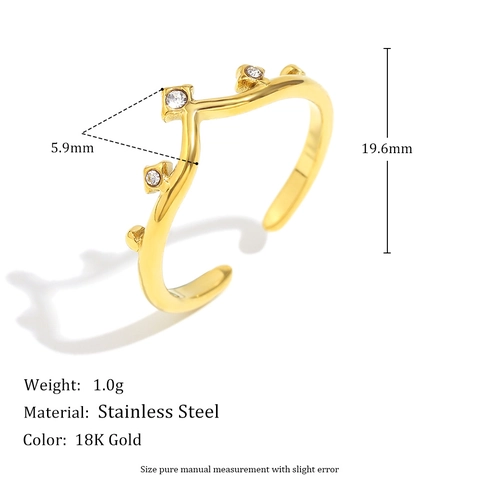 Vintage Crown Open Ring Stainless Steel Gold Plated Zircon Inlaid Adjustable V Shape Jewelry For Women Elegant