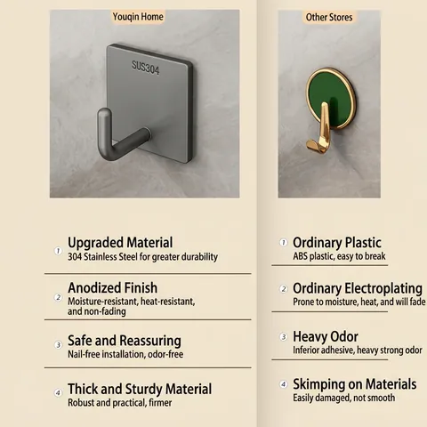 304 Stainless Steel Wall Mount Hooks Self Adhesive No Drill Heavy Duty Modern Square For Bathroom Kitchen Door Rack
