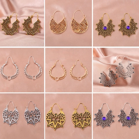 Vintage Hollow Carved Alloy Drop Earrings Bohemian Geometric Fan Earring Hook For Women Ethnic Style Antique Jewelry