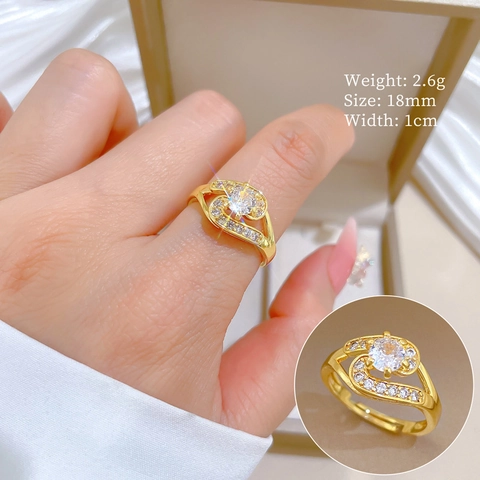 Adjustable Ring Brass Gold Plated Cubic Zirconia Wave Design Luxury Minimalist Hand Jewelry For Women Girl Gift