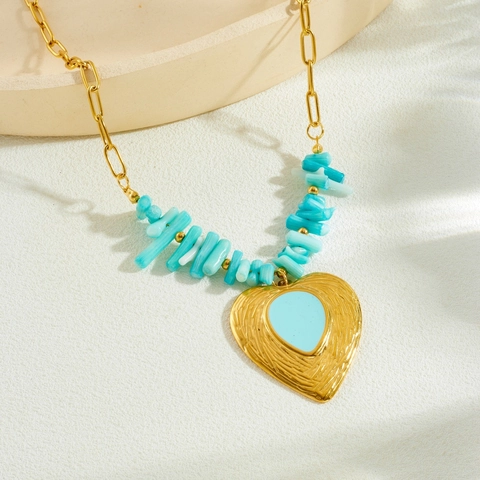 Heart Pendant Necklace Stainless Steel Gold Plated Blue Crushed Stone Turquoise Bead Bohemian Vintage Jewelry
