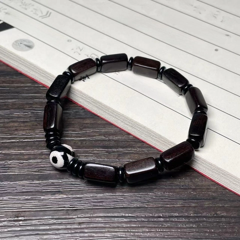 Men Wooden Beaded Bracelet Ebony Sandalwood Dzi Bead Ethnic Retro Style Zen Meditation Jewelry Gift