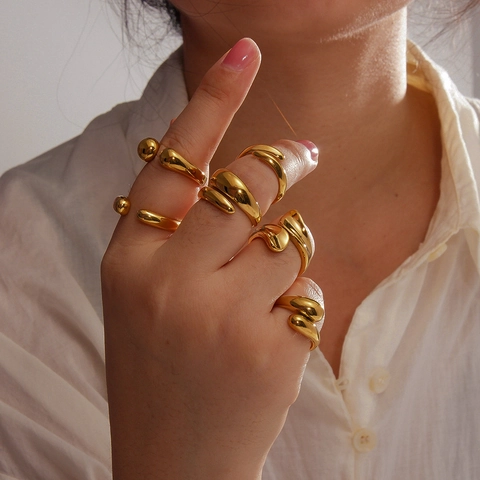 Stainless Steel Rings For Women Minimalist Adjustable 18K Gold Plated Liquid Metal Water Drop Geometric Open Ring