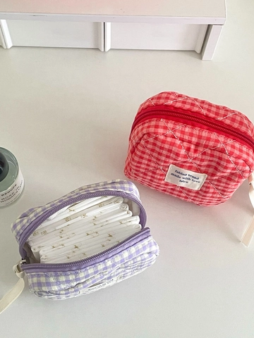 Quilted Gingham Cotton Coin Purse For Women Berry Color Plaid Sanitary Napkin Storage Bag Portable Zipper Small Pouch