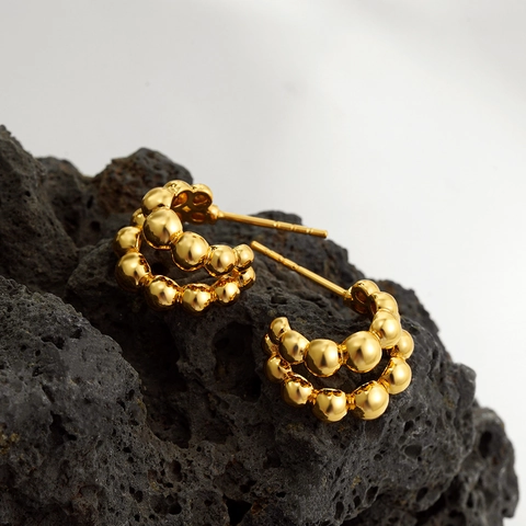 C-Shaped Round Bead Earrings Double Layer Bubble Ball Studs Brass 18K Gold Plated With Stainless Steel Earring Post For Women