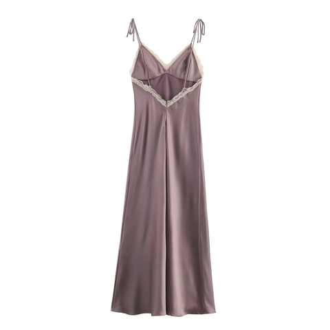 Vestido Midi De Satén Con Ribete De Encaje Tirantes Atados Cuello En V Elegante Color Sólido Para Mujeres