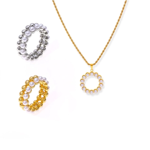 Elegant Französischer Vintage Titanstahl Kupfer Künstliche Perle Schmuckset Mehrschichtige Halskette Ring Für Damen Party Schmuck