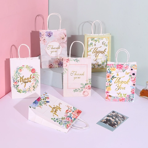 Florale Geschenkbeutel Aus Papier Mit Griffen Goldprägung Thank You Blumenmuster Elegant Hochzeit Geburtstag Partytüten
