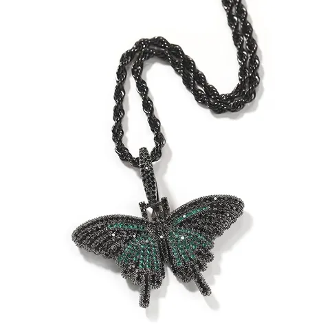 Hip Hop Iced Out Zirconia Vlinder Hanger Ketting Voor Vrouwen Mannen Koperen Vlinder Ketting Met 3 mm Torsieketting Sieraden