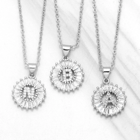 Collar Con Colgante De Letra Inicial Cobre Circón Redondo Baguette Halo Sunburst Joyería De Moda Simple Para Mujer