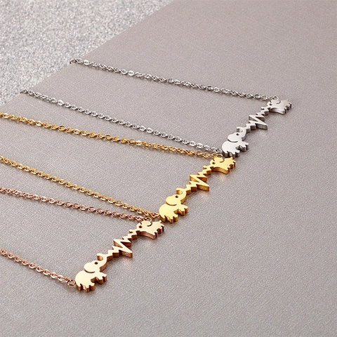 Elephant Heartbeat Pendant Necklace Stainless Steel Minimalist Animal ECG Jewelry Gift Fashion For Women Unique