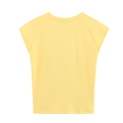 T-Shirt Femme Décontracté en Mélange de Coton Col Rond Manches Courtes Jaune Imprimé Slogan Coupe Slim Top Été