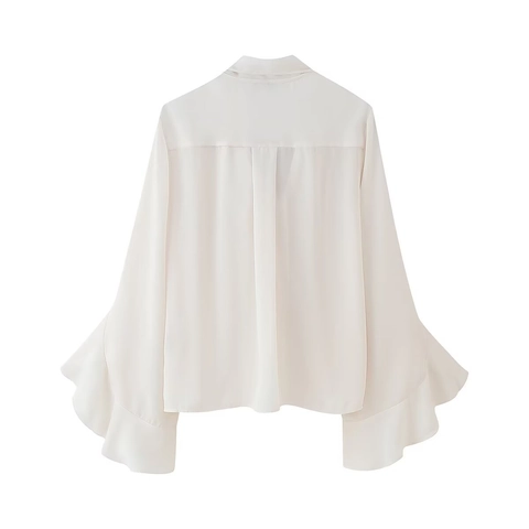 Elegante Chiffon Blouse Met Strikkraag Uitlopende Mouwen Ruches Vintage Top Met Lange Mouwen Voor Dames