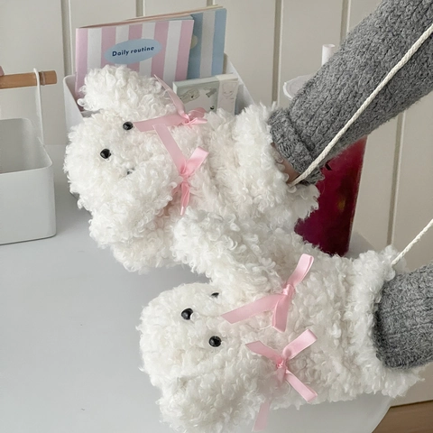 Mitones De Peluche De Perro Animado Con Cordón Para Cuello Guantes De Invierno Gruesos Cálidos De Lana Con Lazo
