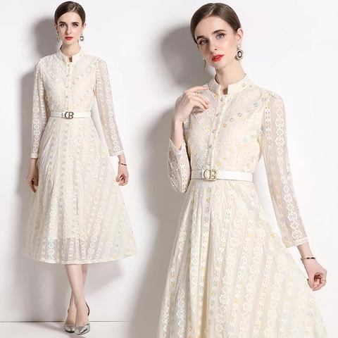 Elegantes Damen Midi Kleid Aus Durchbrochener Spitze Langarm Blumenstickerei Stehkragen A-Linie Partykleid Mit Gürtel