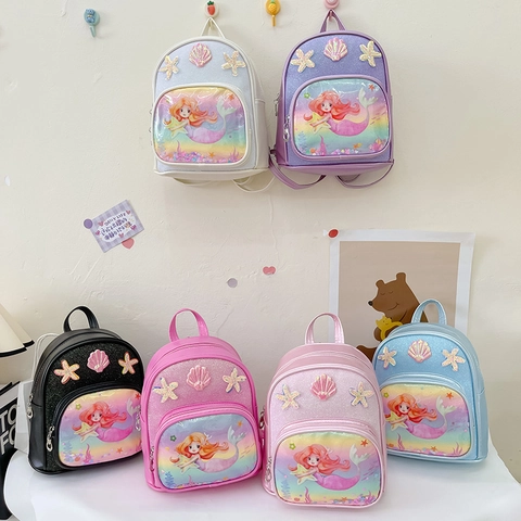 Kids Backpack Mermaid Princess Schoolbag PU Leather Sequins Shell Starfish Cute For Girls Kindergarten