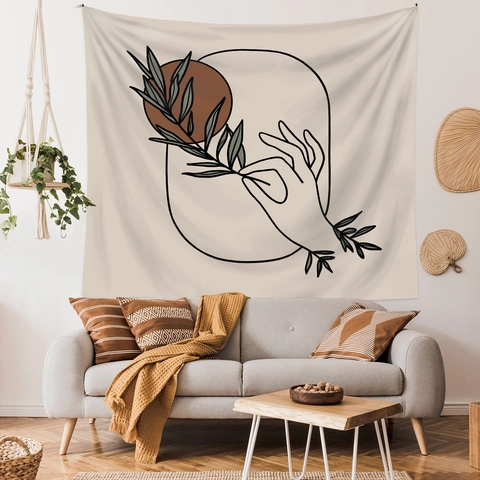 Arazzo Arte Linea Astratta Poliestere Mano Minimalista E Appeso A Parete Foglia Per Soggiorno Camera Da Letto Stile Bohemien