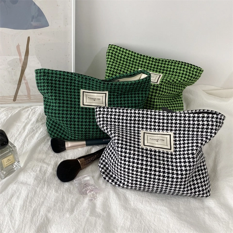 Beauty Case Jacquard Pied De Poule Grande Capacità Borsa Da Toilette Viaggio Cerniera Organizzatore Cosmetici Portatile Donna