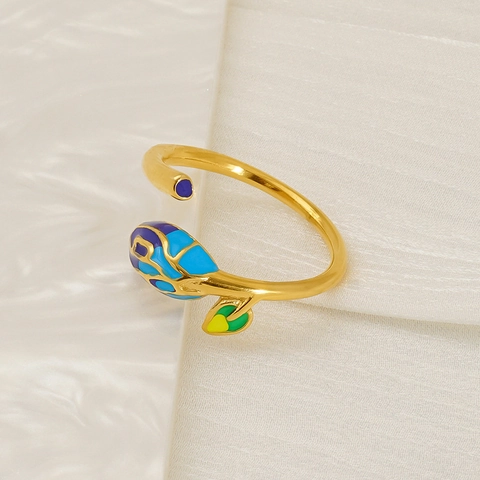 Stainless Steel Open Ring For Women Adjustable Flower Bud Leaf Enamel 18K Gold Plated Fashion Jewelry