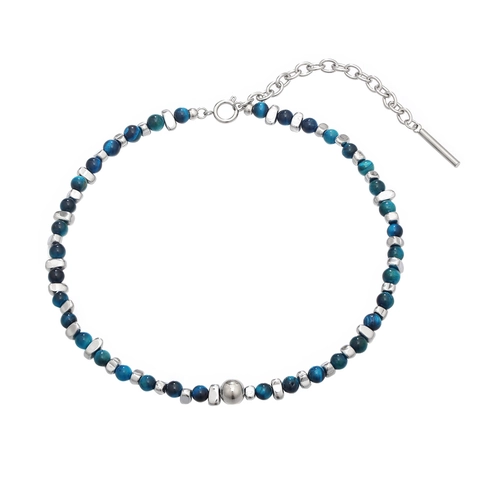 Niche Design Blue Natural Tiger Eye Stone Stainless Steel Necklace For Men Women Hip Hop Polished Beaded Clavicle Chain Jewelry