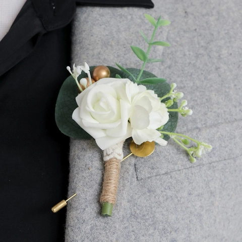 Hochzeitsanstecker Für Herren Bräutigam Weiße PE Rose Eukalyptus Hanfseil Handgefertigt Abschlussball Party Anzug Accessoire
