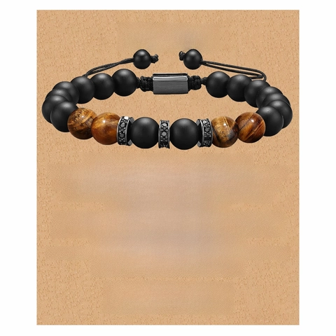 Bracelet Pierre Naturelle Oeil de Tigre et Pierre Mate Noire Zircone Cuivre Corde Tressée Ajustable Cadeau Carte de Voeux Homme