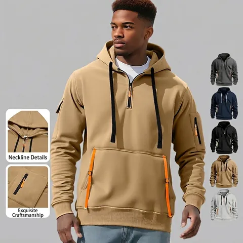Herren Hoodie Mit Viertelreißverschluss Fleecegefüttert Taktisches Outdoor Sweatshirt Mehrere Taschen Pullover