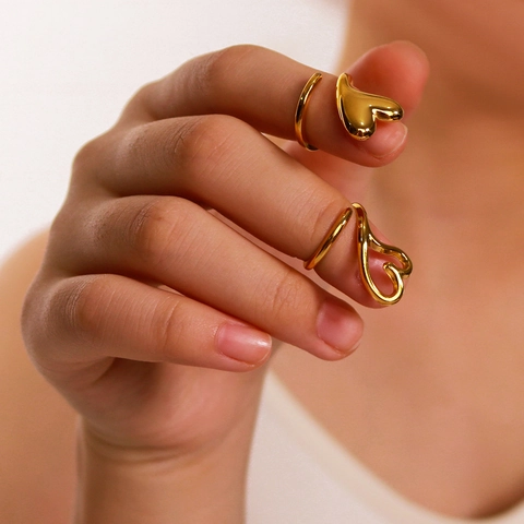 Anelli Aperti a Cuore in Acciaio Inossidabile Placcato Oro 18K Vintage per Donna Uomo Anello a Cuore Pieno e Cavo Regolabile Gioielli