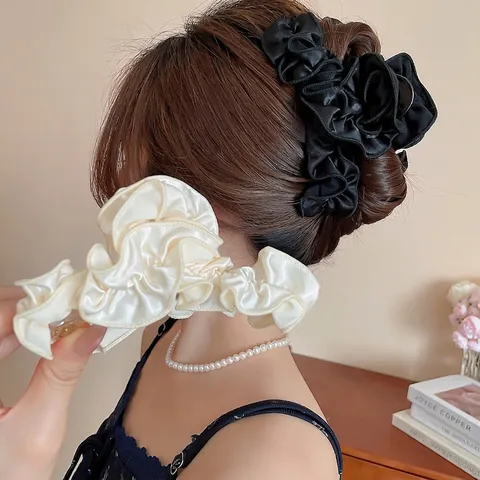 Grande Pinza Per Capelli In Raso Pieghettato Tessuto Con Volant Elegante Fermaglio Accessorio Per Donne Stile Retrò