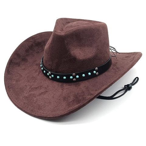 Western Cowboy Hat Suede Wide Brim Ethnic Turquoise Beads Leather Strap Metal Rivets Adjustable Windproof Rope Unisex