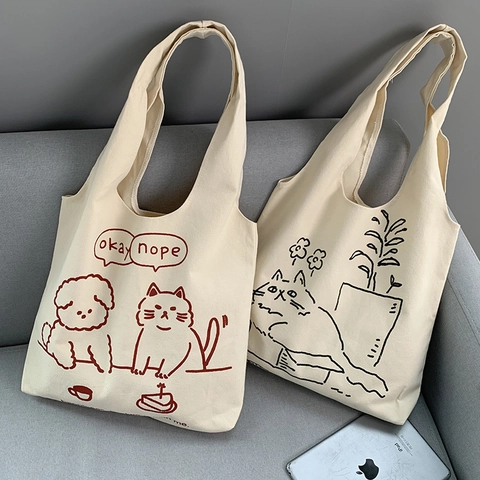 Cute Cartoon Cat Dog Print Canvas Tote Bag Large Capacity Minimalist Eco Friendly Shoulder Bag For Women Daily Shopping