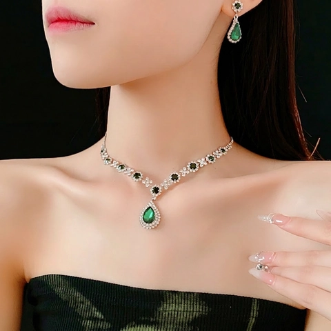 Collana Orecchini Lega Goccia Acqua Forma Pera Strass Verde Gioielli Lusso Accessori Donna Vestito Sera