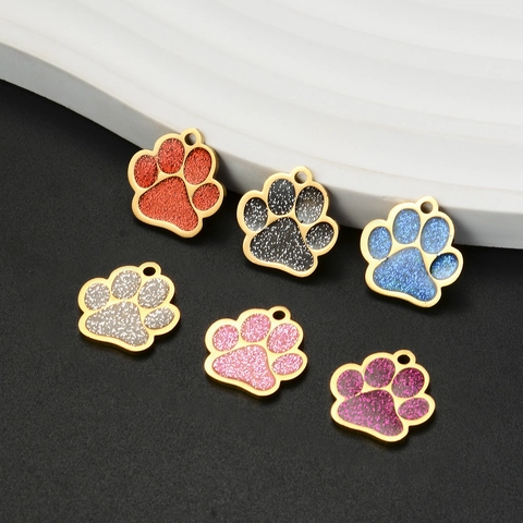 Pet ID Tag Stainless Steel Glitter Enamel Paw Shape Pendant For Dog Cat Collar DIY Jewelry Making Cartoon Accessory