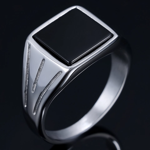 Men Signet Ring Stainless Steel Square Black Stone Inlaid Retro Hip Hop Minimalist High Street Jewelry
