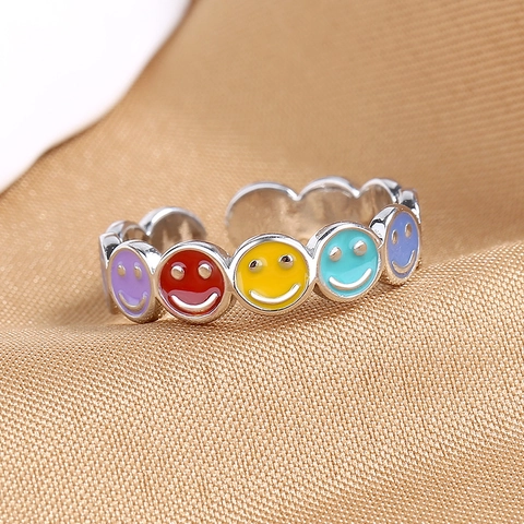 Rainbow Smile Face Rings Colorful Enamel Copper Adjustable Open Finger Ring Jewelry For Women Trendy Party