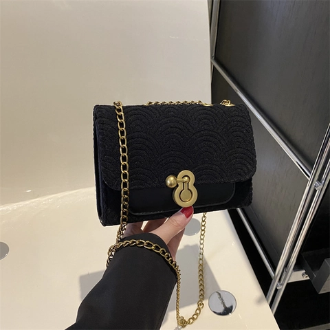 Wavy Textured Crossbody Bag For Women Chic Nylon Fabric Shoulder Bag With Gold Metal Chain And Lock Clasp Trendy Small Square Handbag