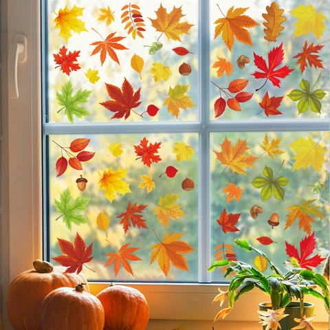 Autumn Window Clings Static Thanksgiving Pumpkin Maple Leaf Stickers Double Sided Decals For Home Party Decoration