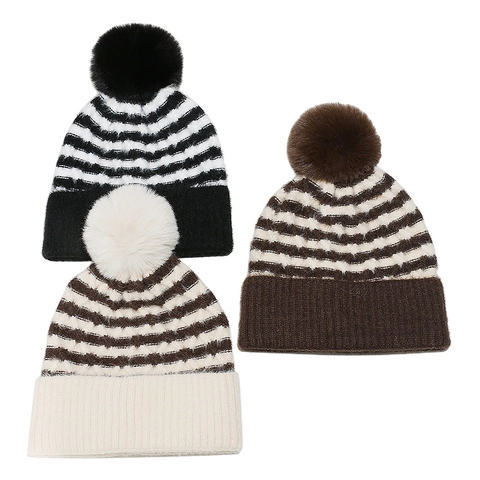 Winter Beanie Mütze Gestreift Strick Acryl Mit Kunstpelz Pompon Warm Winddicht Vintage Weich Outdoor Accessoire