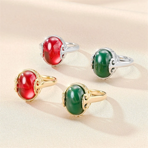 Palace Retro Titanium Steel Ring For Women Vintage Simulated Ruby Emerald Oval Gemstone Fashion Rhinestone Jewelry Finger Ring
