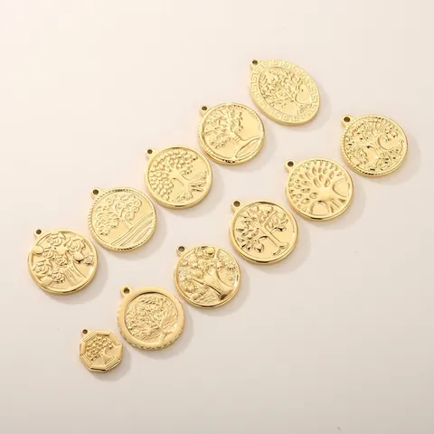 Colgantes Árbol De La Vida Acero Inoxidable Redondo Hexágono Relieve DIY Creación De Joyas Accesorios Charms Estilo Callejero Moda