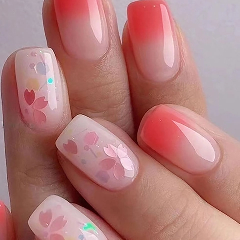 Press On Nails Gradient Pink Cherry Blossom Sakura Pattern Glitter Square False Nail Tips Reusable Sweet Style Women