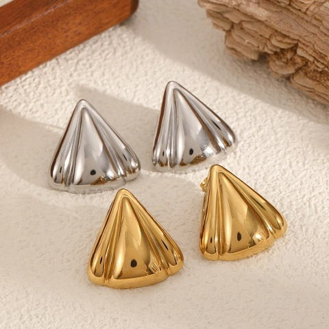 18K Gold Plated Stainless Steel Triangle Stud Earrings For Women Vertical Ribbed Texture Geometric Mirror Polish Design