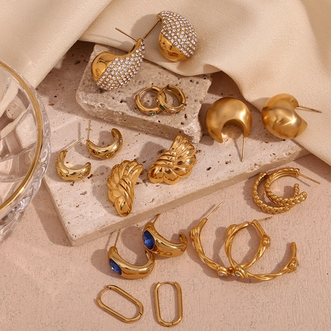 Pendientes De Aro Y De Botón Acero Inoxidable 316L Chapado En Oro 18K Circón Colorido Geométrico Joyería Retro Mujer