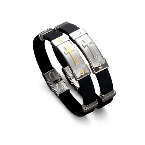 Bracciale Croce Uomo Acciaio Inossidabile Cinturino Silicone Gioielli Religiosi Stile Retrò Braccialetto Nero Con Chiusura Pieghevole
