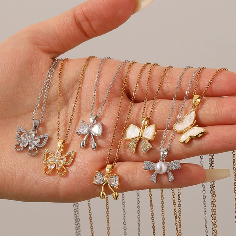Collana Con Pendente A Fiocco Catena In Acciaio Inossidabile Zircone Perla Artificial Intarsiata Conchiglia Gioielli Donna