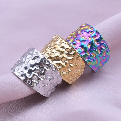 Hammered Texture Wide Band Adjustable Open Ring 304 Stainless Steel Minimalist Geometric Lava Style For Women Men