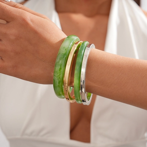Stackable Green Marble Resin Bangles And Gold Silver Alloy Metal Bracelets For Women Minimalist Geometric Fashion Jewelry Gift