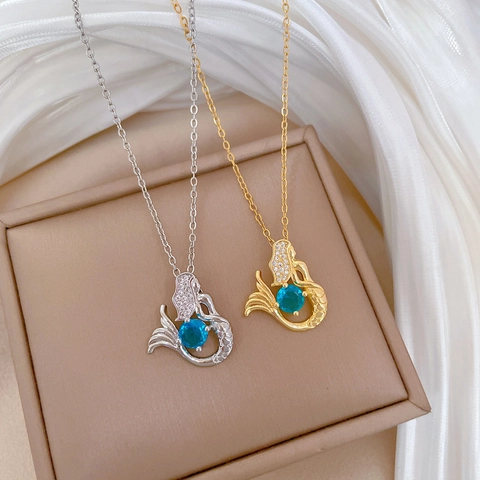 Elegante Collana Con Pendente A Coda Di Sirena Catena In Acciaio Inossidabile Rame Zircone Gemma Blu Gioielli Donne