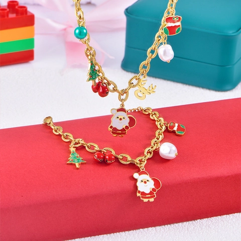 Christmas Stainless Steel Necklace Bracelet Earrings Jewelry For Women Santa Claus Reindeer Christmas Tree Pendant Artificial Pearl Enamel Ornaments